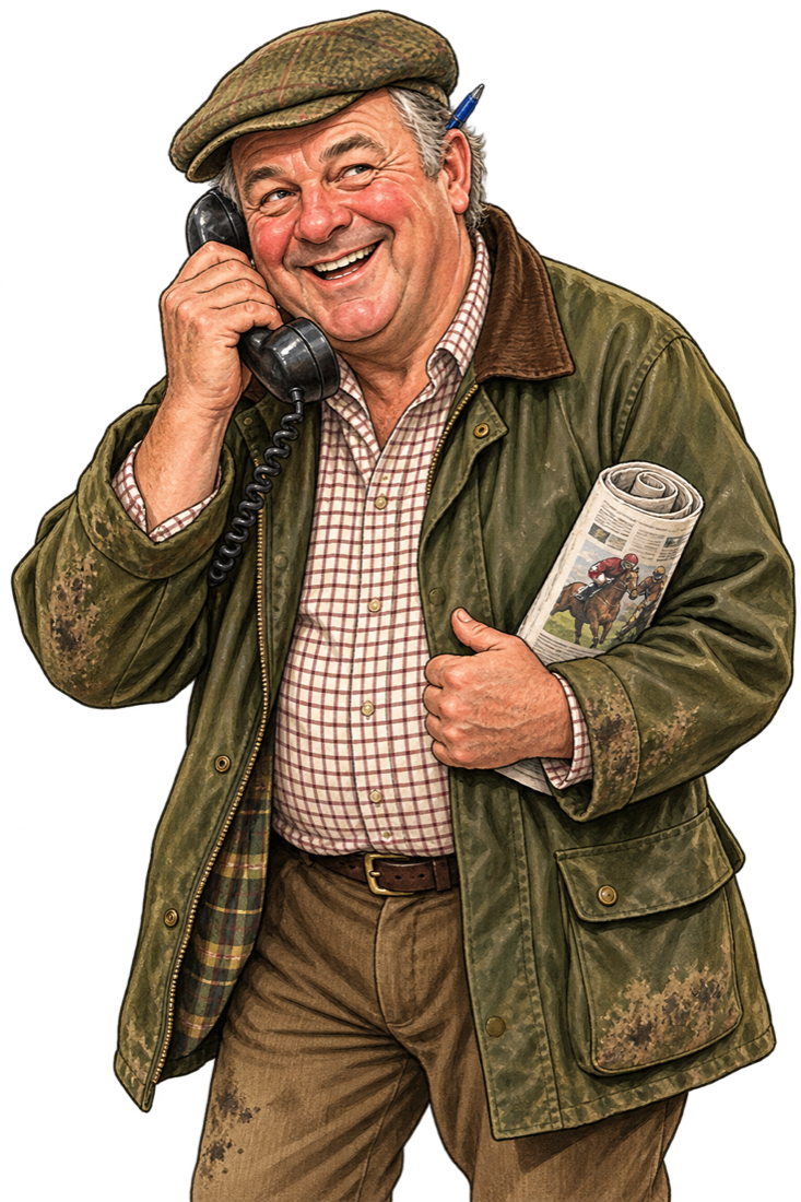 Charlie Weaver, flat cap and waxed jacket, on the telephone with a rolled-up racing paper under his arm