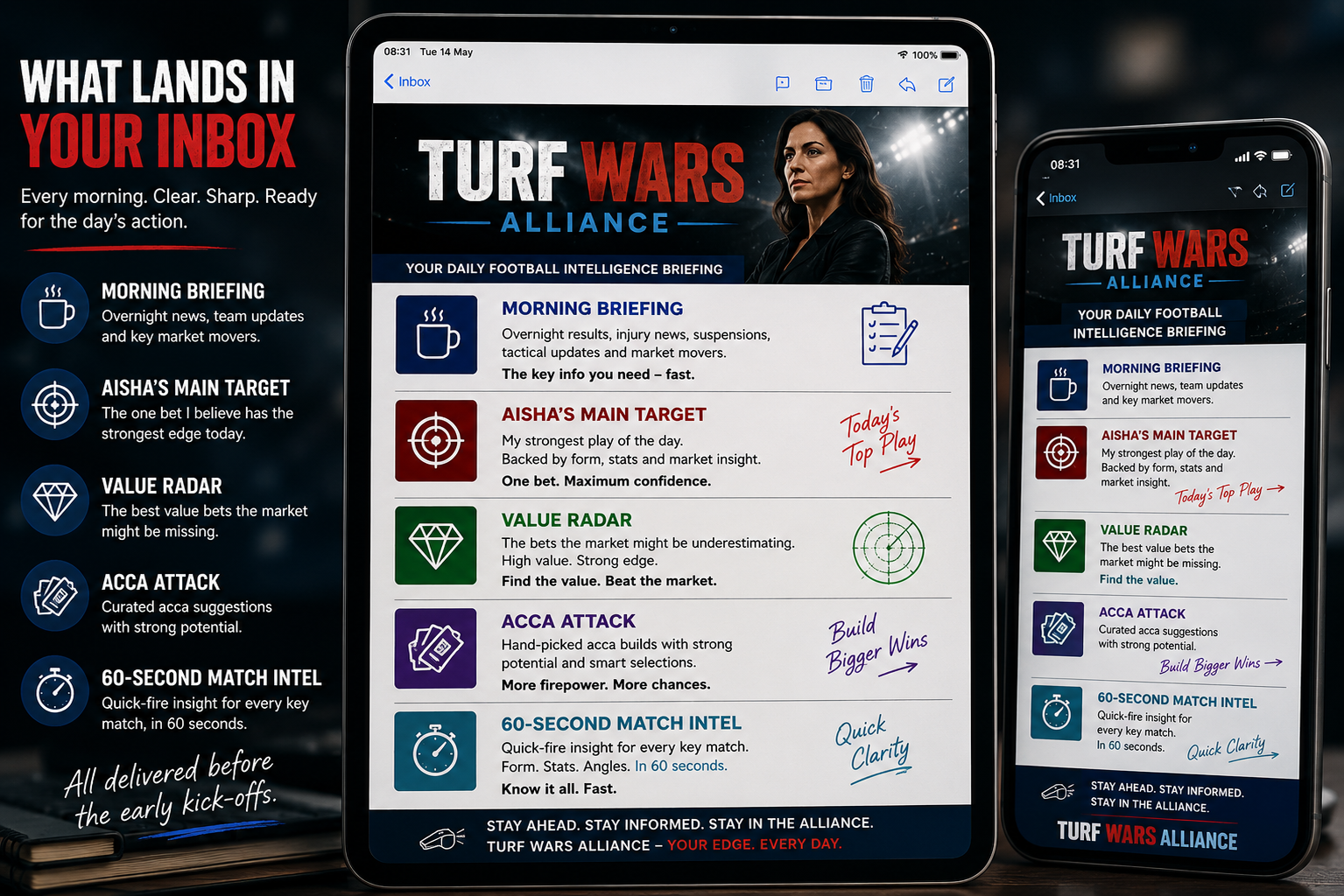 Turf Wars Alliance daily briefing shown on tablet and phone