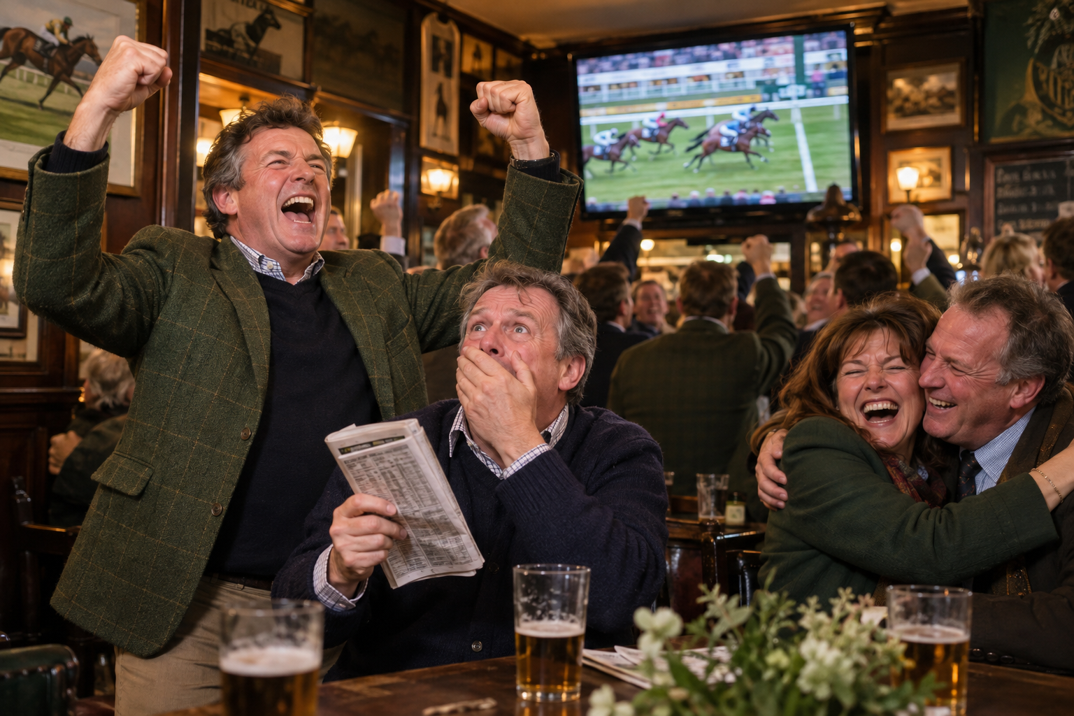 Adult racing enthusiasts celebrating a close finish in a lively pub