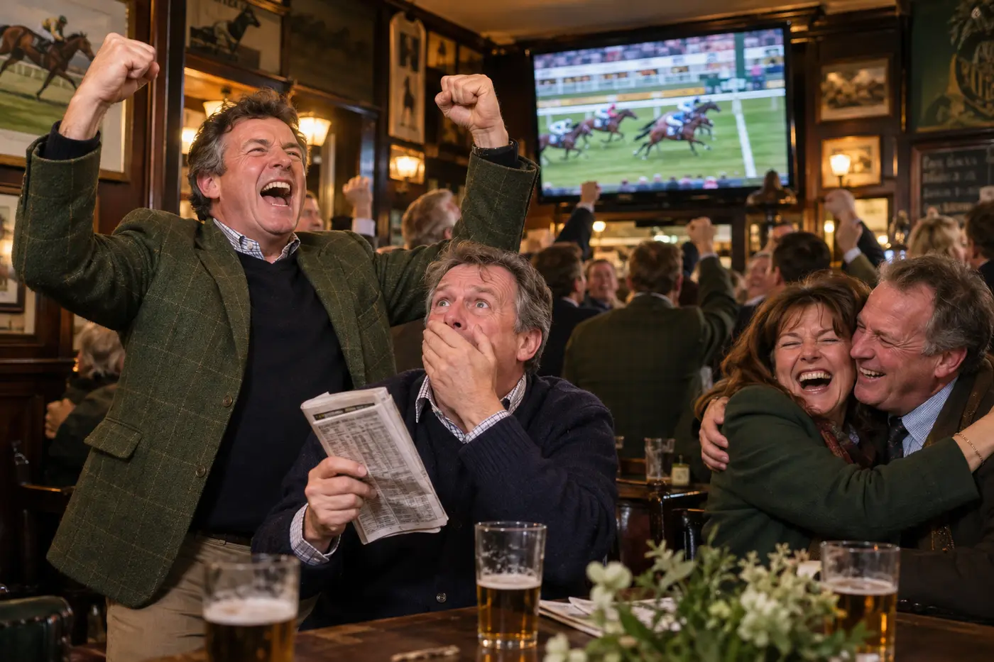 Adult racing enthusiasts celebrating a close finish in a lively pub