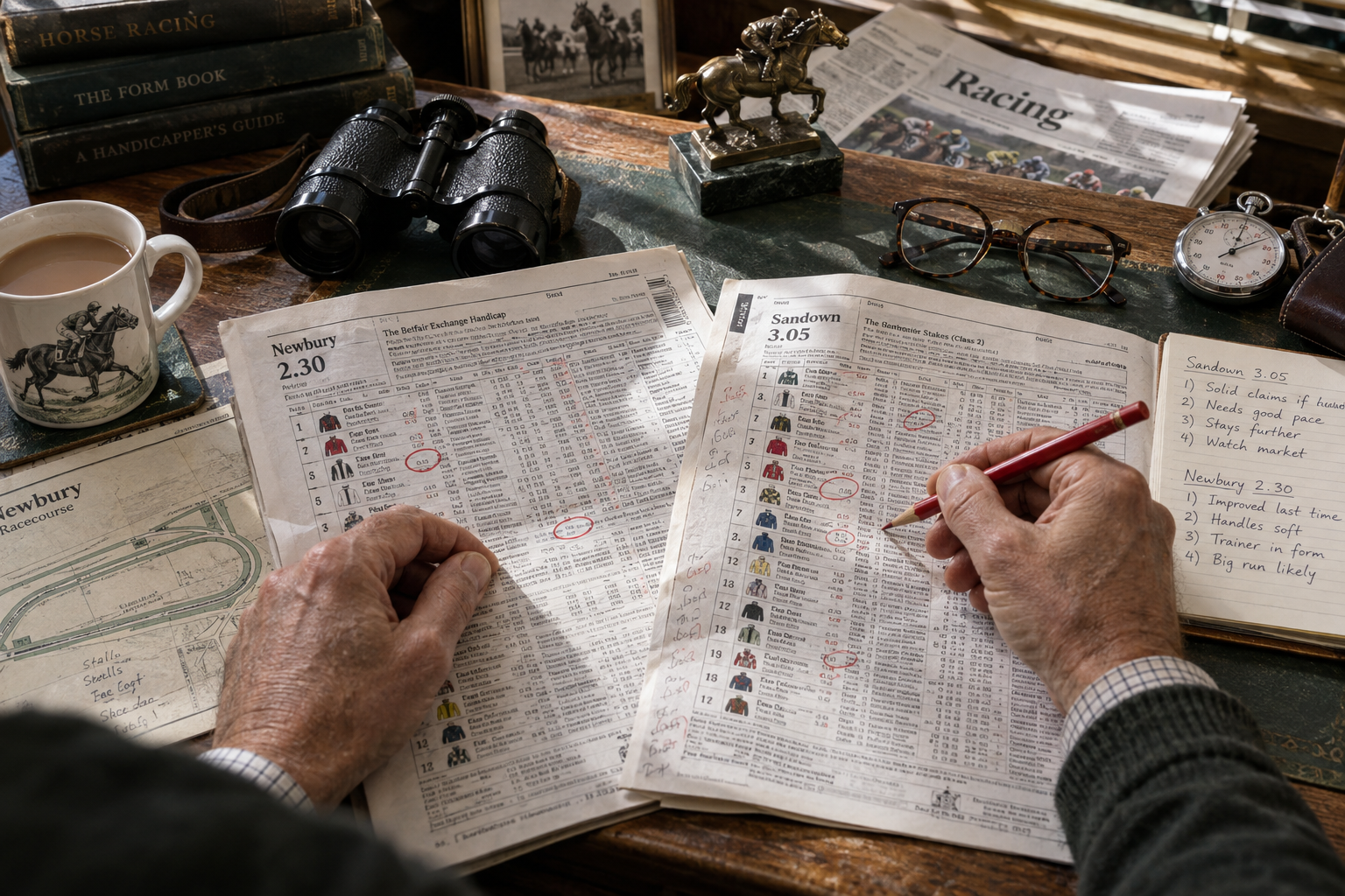 A racing analyst comparing marked racecards and handwritten notes