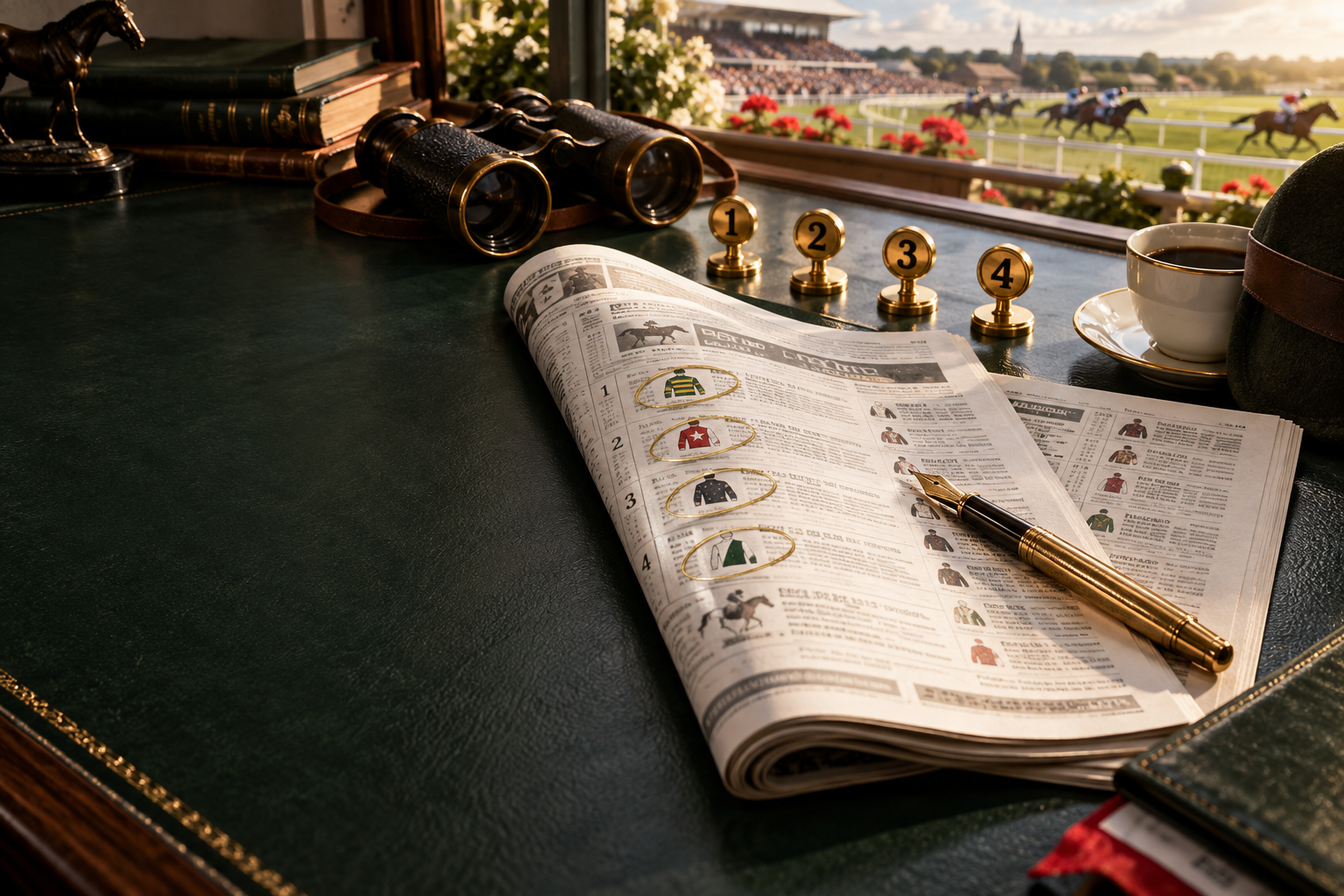 Four racing selections marked on a racecard beside binoculars overlooking a sunny course
