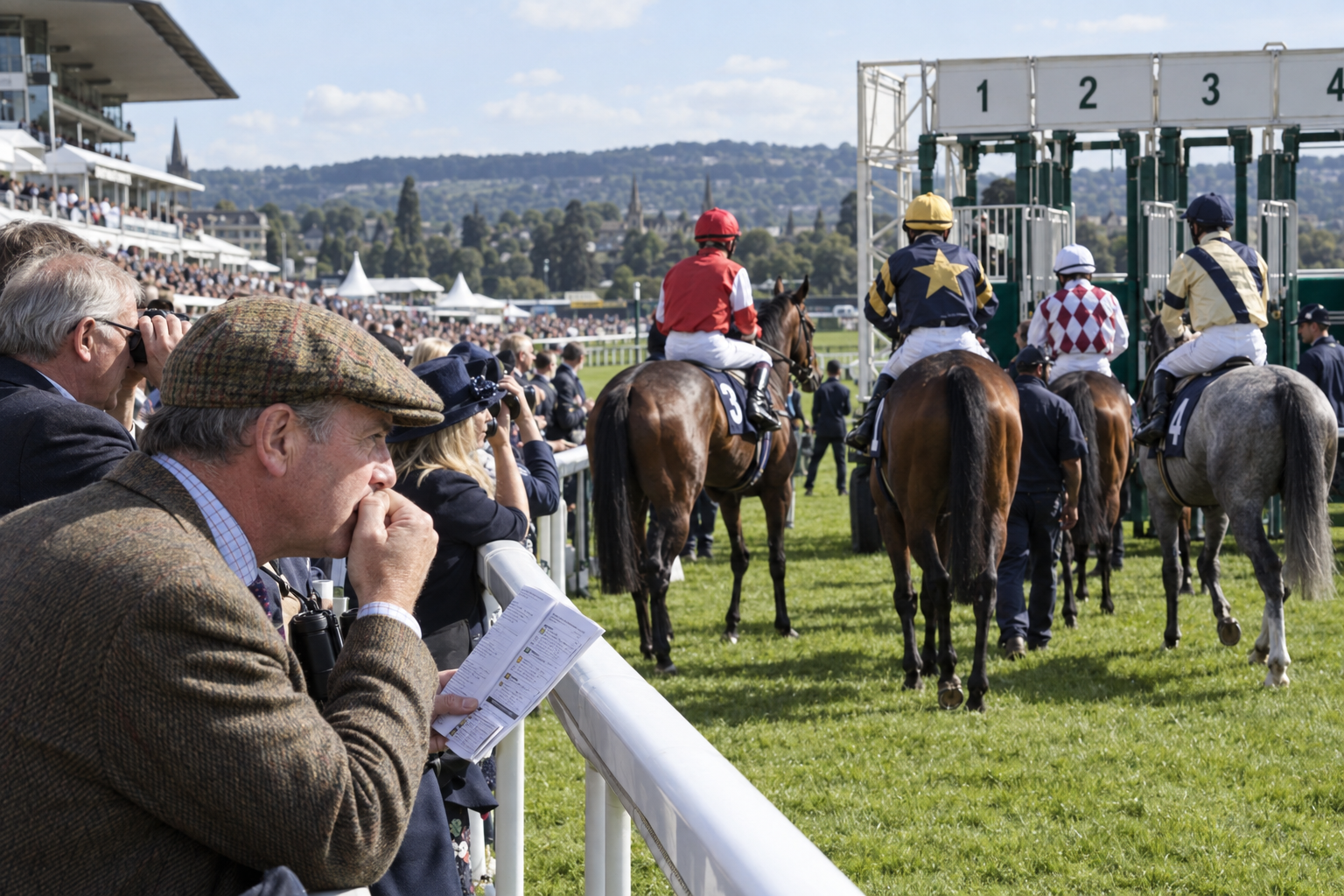Racegoers studying the card as horses approach the starting stalls