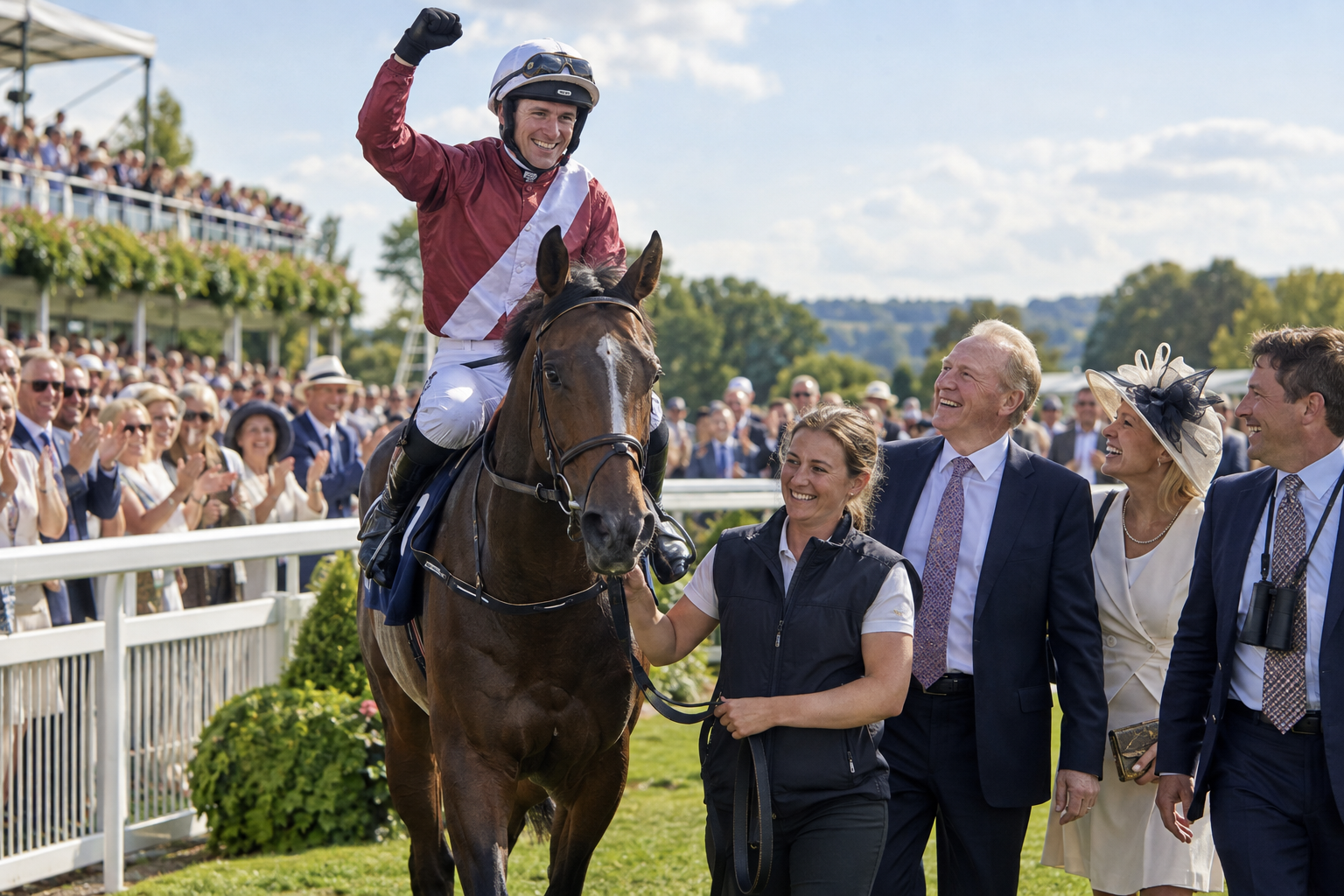 A victorious jockey and connections celebrating in the winners enclosure