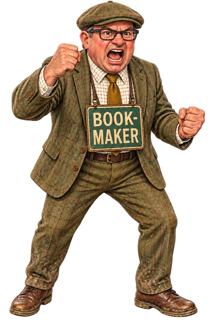 Vic Vyle in a tweed suit with a BOOKMAKER board round his neck, fists up, shouting the odds