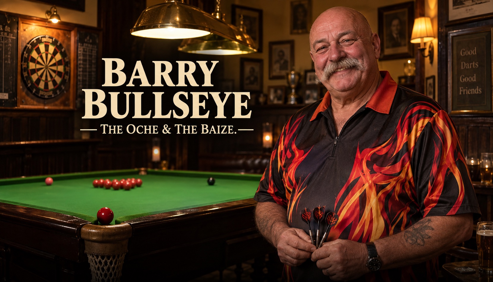 Barry Bullseye, a smiling man with a big moustache in a flame-pattern darts shirt, holding three darts in a pub back room with a snooker table and a dartboard behind him