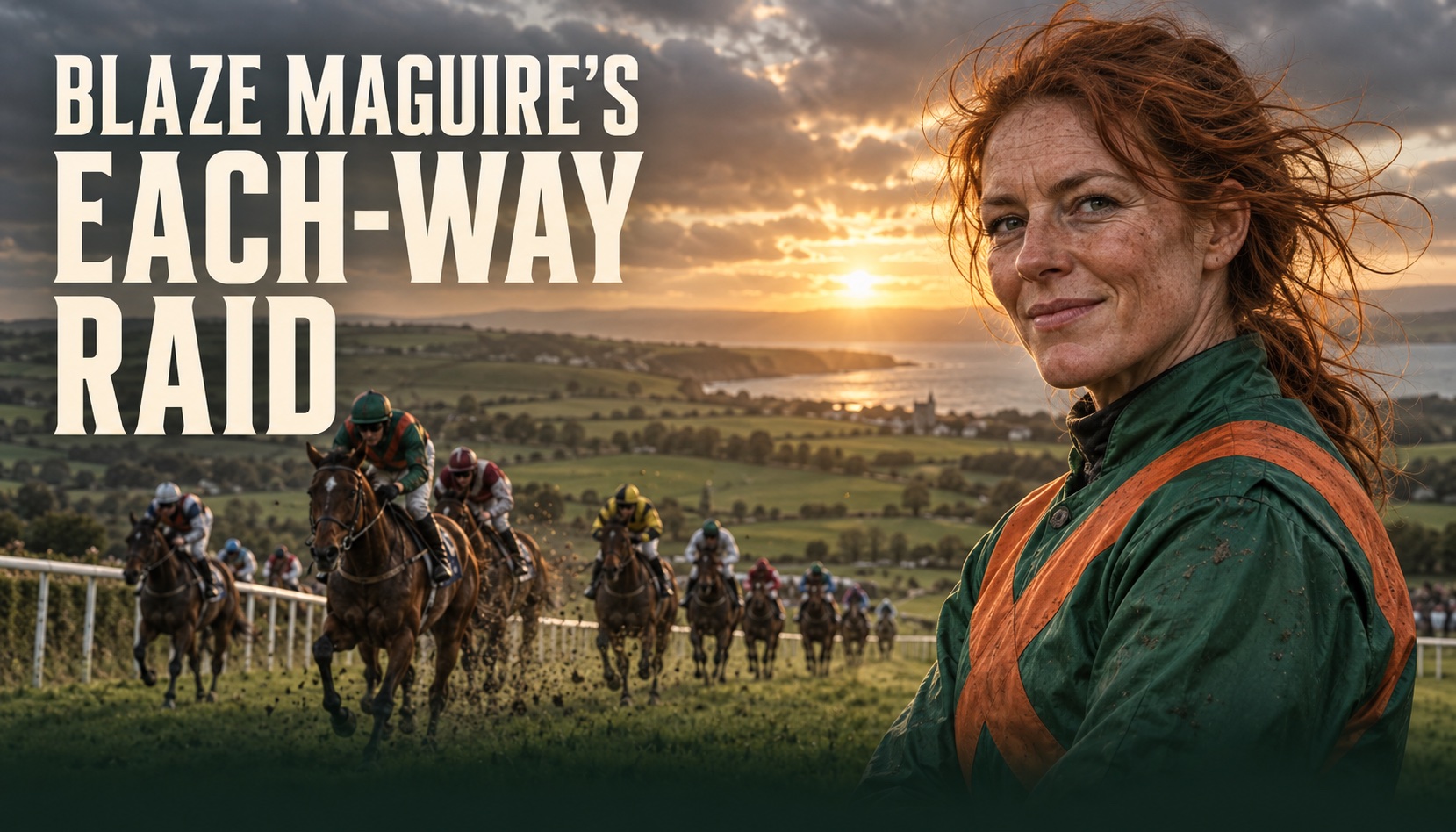 Blaze Maguire in emerald and orange racing silks, a big field of horses racing down an Irish course at sunset behind her