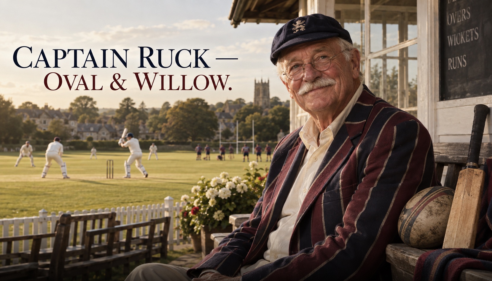 Captain Ruck, an elderly gentleman in a navy cap and claret and navy striped blazer, sitting outside a cricket pavilion at golden hour with a rugby ball and a bat beside him and a match in play behind