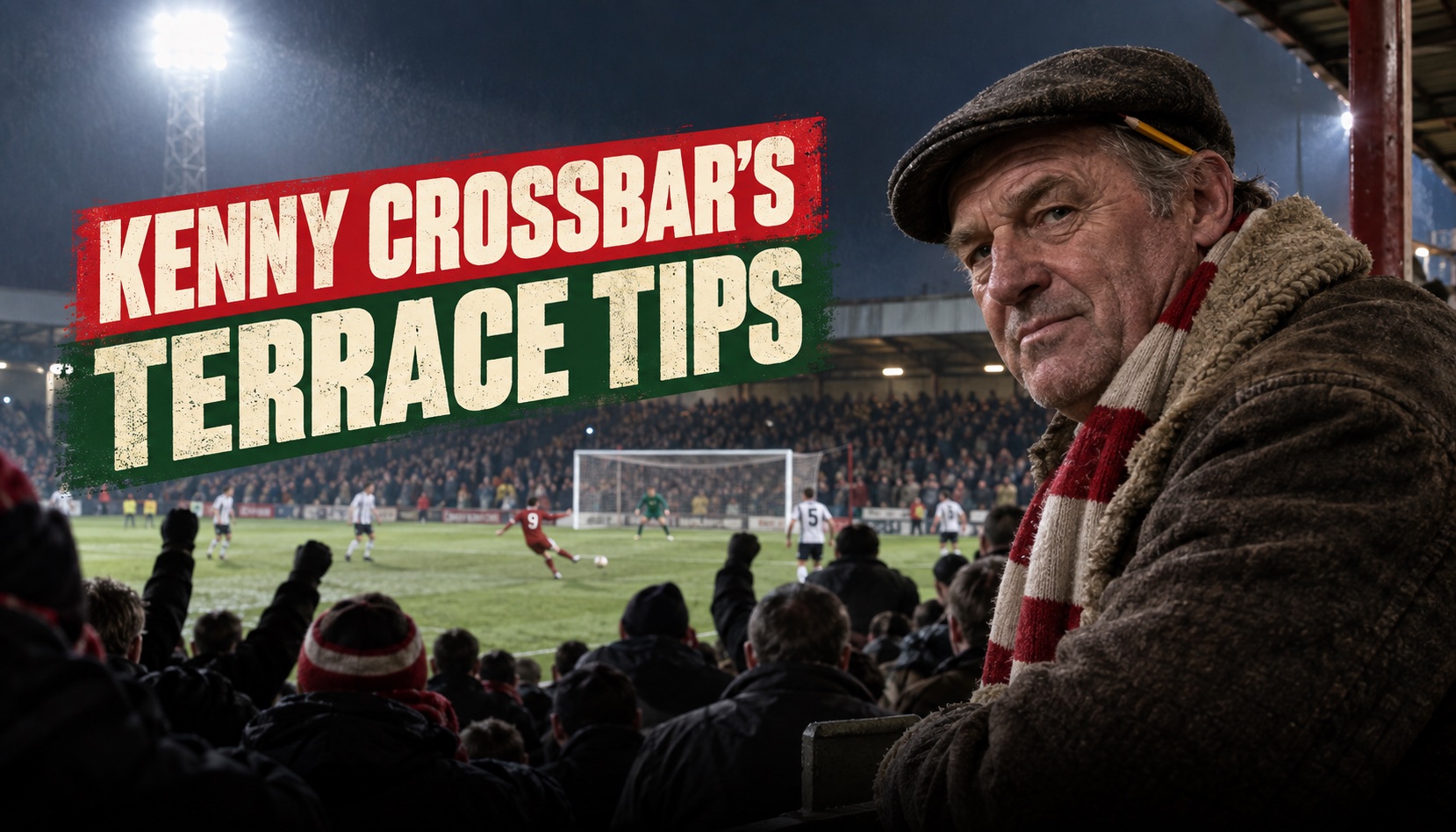 Kenny Crossbar in a flat cap and red and white scarf on a floodlit terrace at night, a match going on below