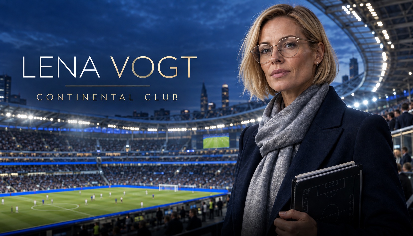 Lena Vogt in glasses and a grey scarf, holding a folder of pitch diagrams, in a floodlit European stadium at dusk