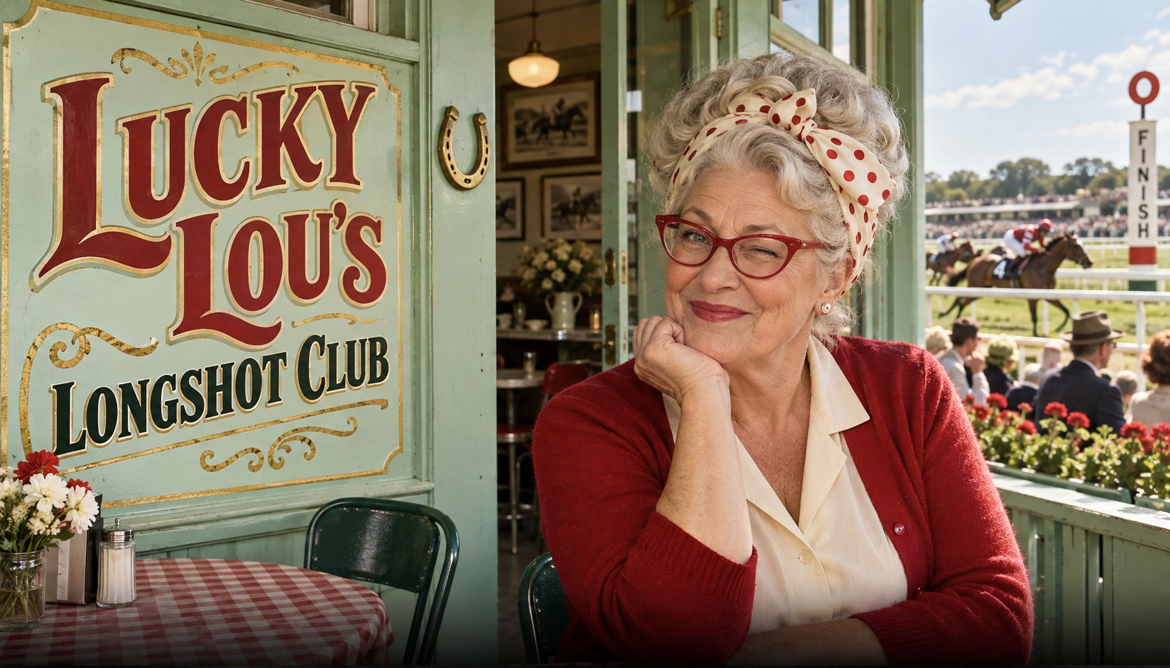 Lucky Lou in a red cardigan and polka-dot headscarf at a mint-green café, a race finishing on the course behind her