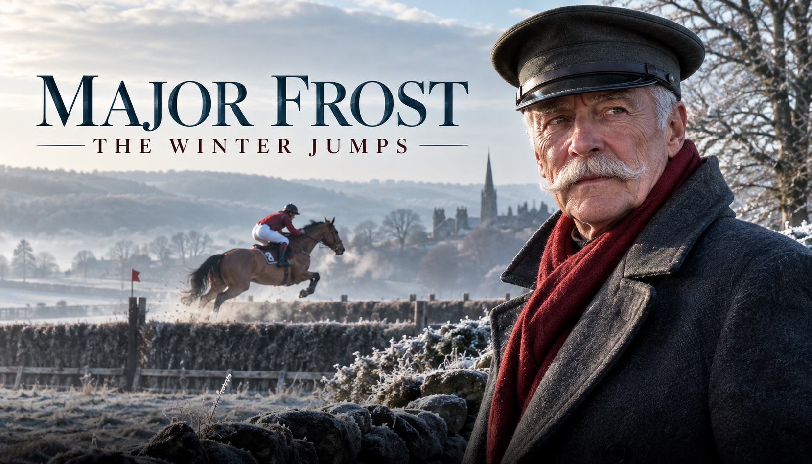 Major Frost in a peaked cap and crimson scarf on a frosty morning, a steeplechaser clearing a fence behind him