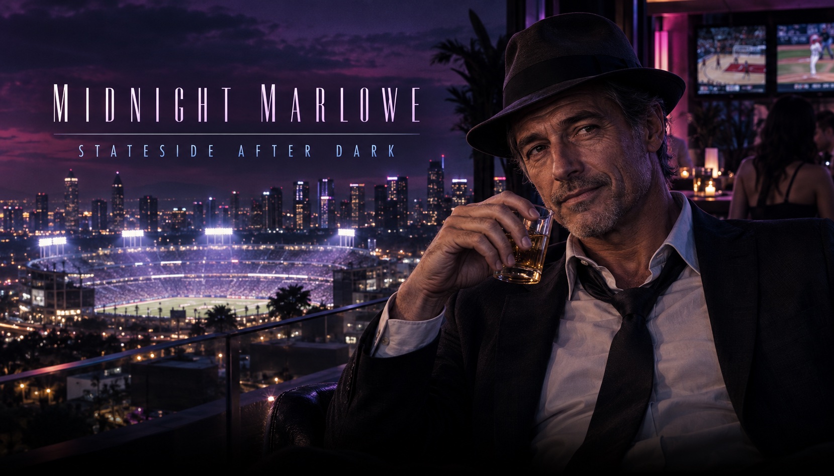 Midnight Marlowe in a dark hat and loosened tie, holding a glass of whisky on a rooftop bar at night, a lit stadium and a purple city skyline behind him