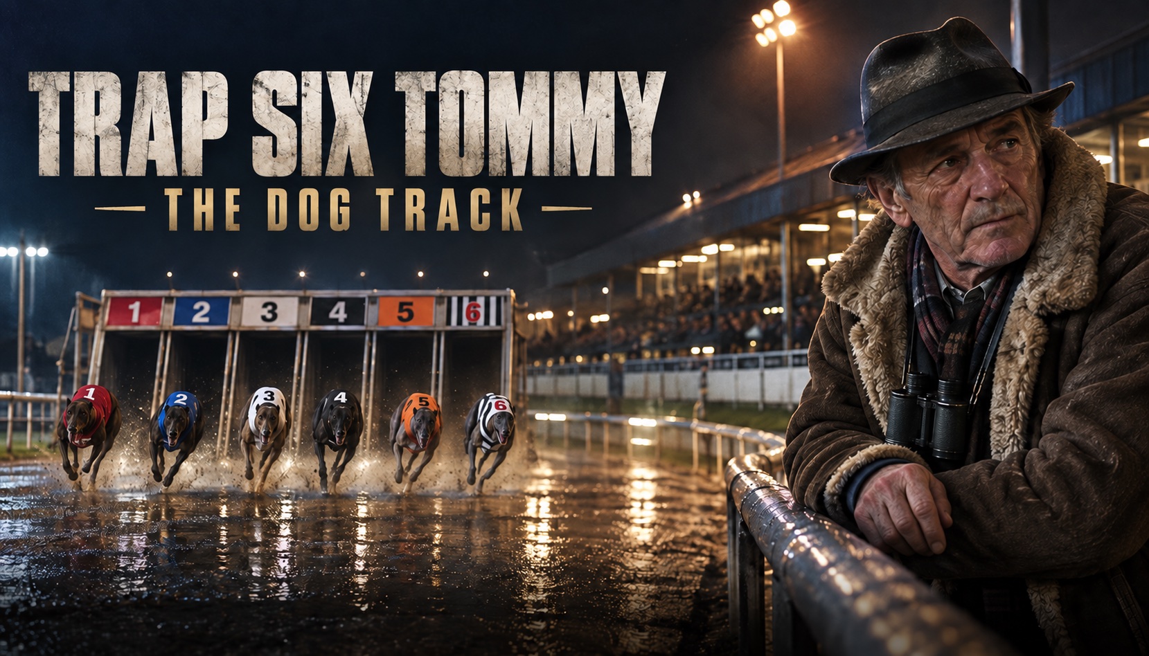 Trap Six Tommy in a sheepskin coat and hat at the rail of a floodlit greyhound track in the rain, six dogs breaking from the traps