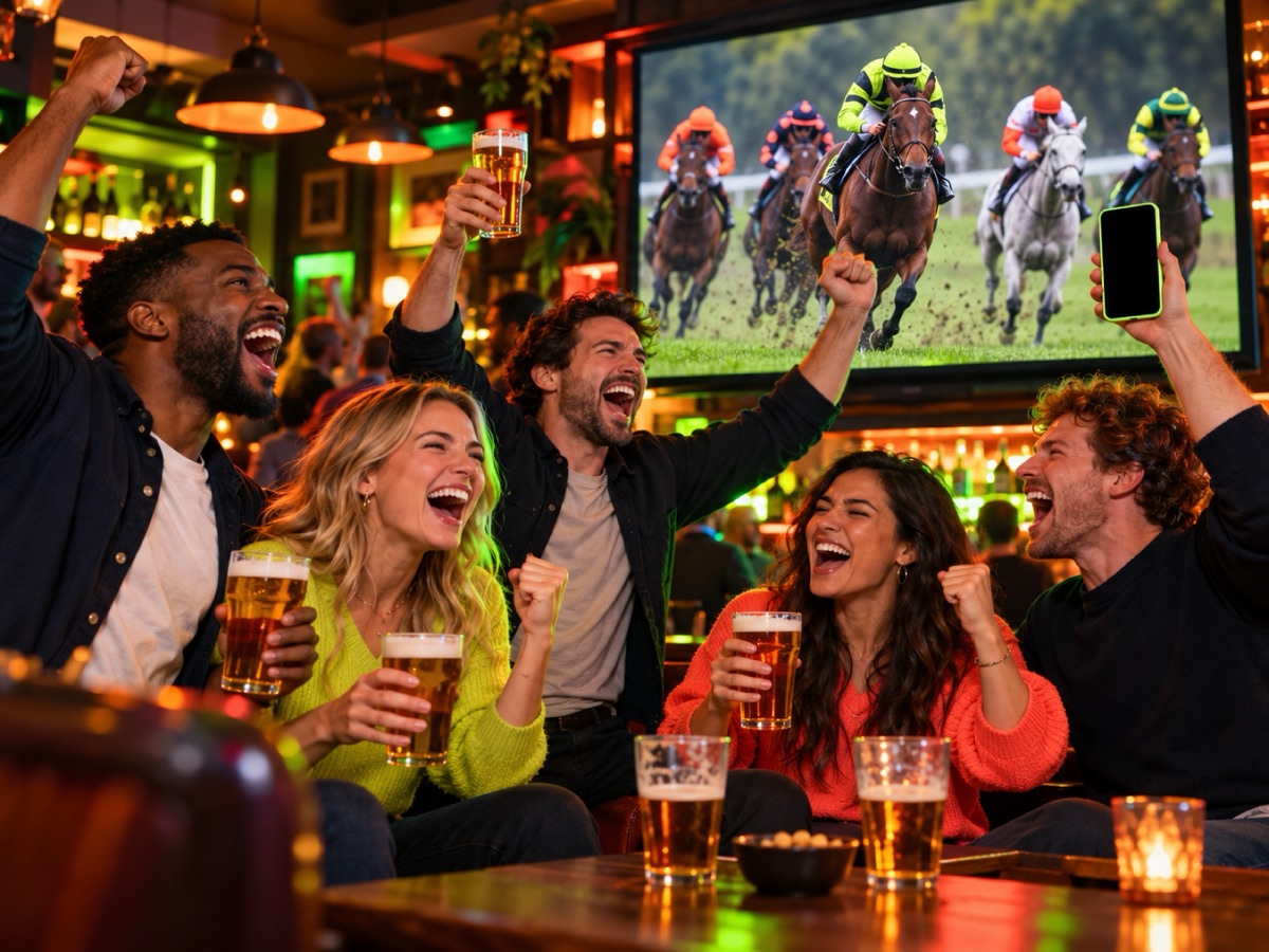 Mates cheering a winner in the pub